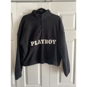 Playboy Pacsun Womens Medium Black Spell Out Fleece Crop Hoodie 1/4 Zip